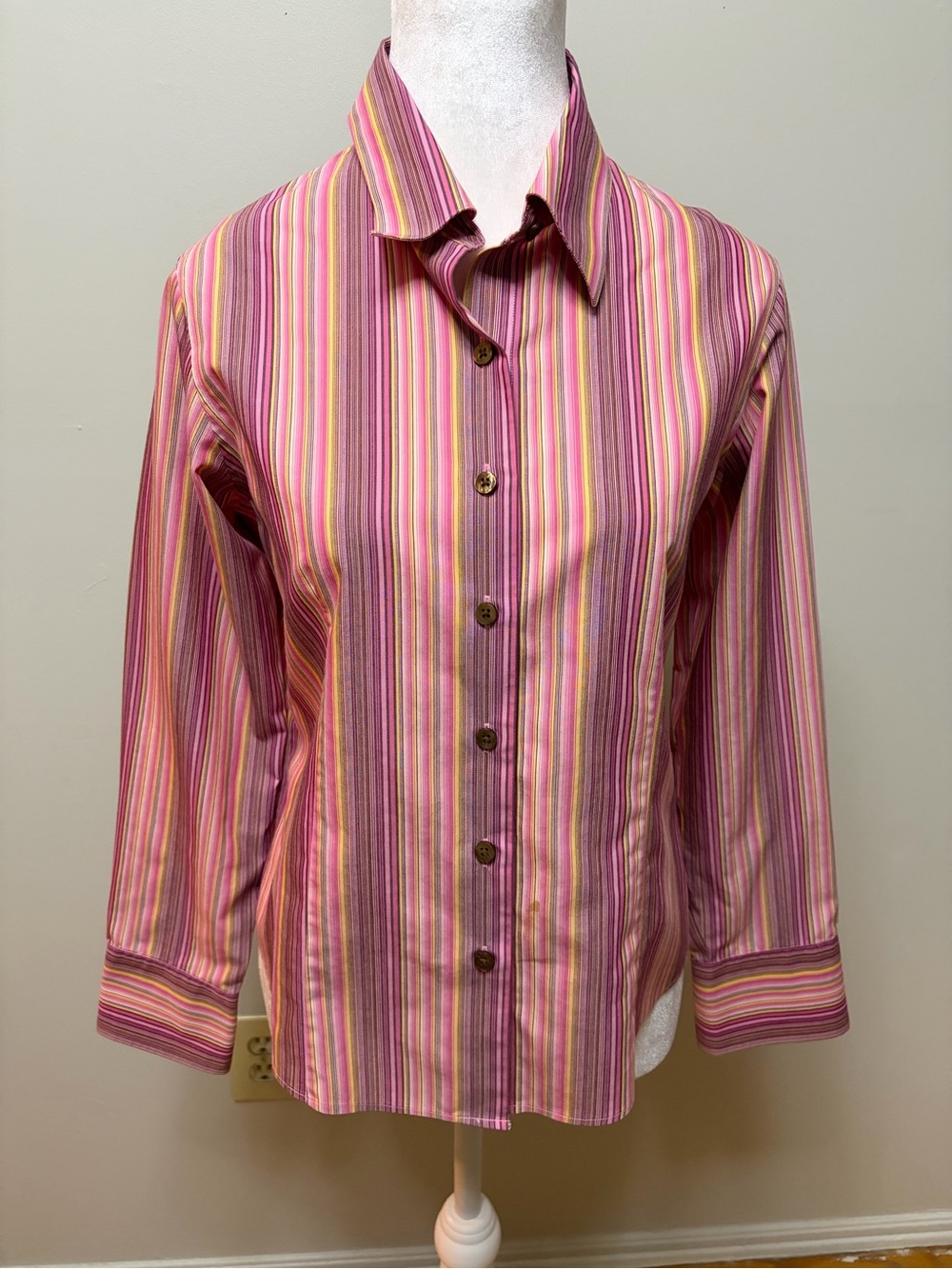 Talbots Petites Pink Multi-Color Striped Wrinkle Resistant Button Down Shirt 6P